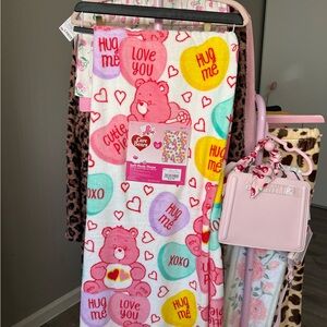 Care Bears Plush Blanket with Pink and Yellow Hearts